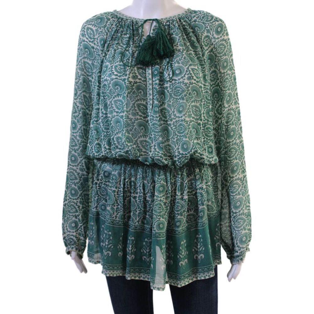 Talitha Women Tunic Blouse Paisley Silk Long Sleeve Drawstring Bohemian Size M
